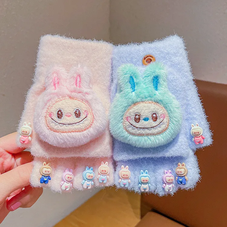 新款儿童卡通手套冬季男女孩半指翻盖五指套毛绒保暖学生写字指套