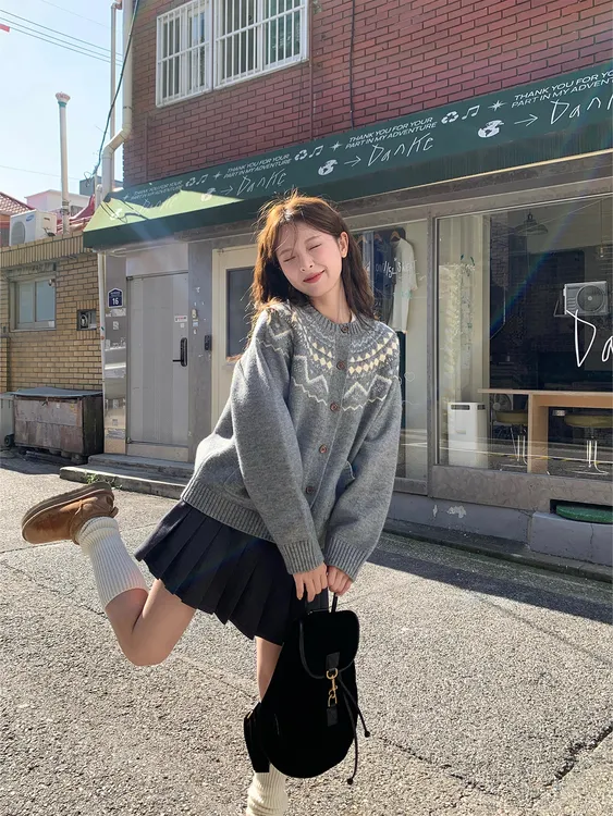 宽松慵懒复古提花费尔岛圆领针织开衫女春秋宽松软糯百搭毛衣