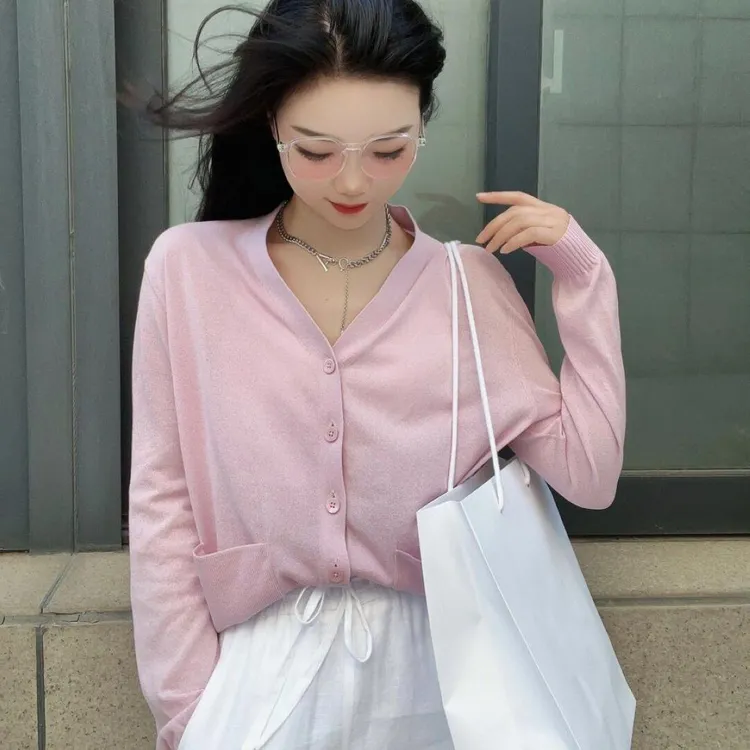AMASS/阿玛施女装专柜正品长袖针织衫粉色针织开衫5499261春游
