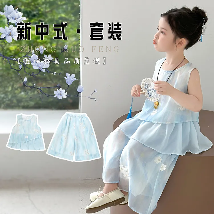 休闲国风夏季花朵套头套装童装夏装儿童薄款碎花裙子女宝汉服女