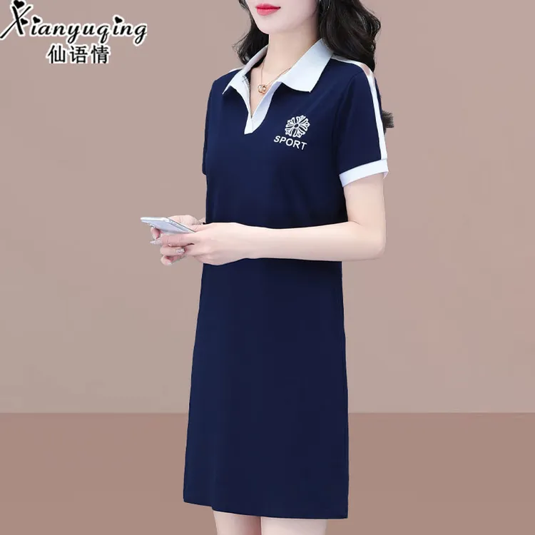 【官方】仙语情纯棉连衣裙女2025夏季中长款polo翻领遮肚短袖T恤