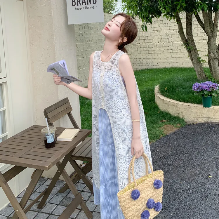 蓝色无袖吊带连衣裙子女夏季2025新款罩衫长裙甜美多巴胺夏季衣服