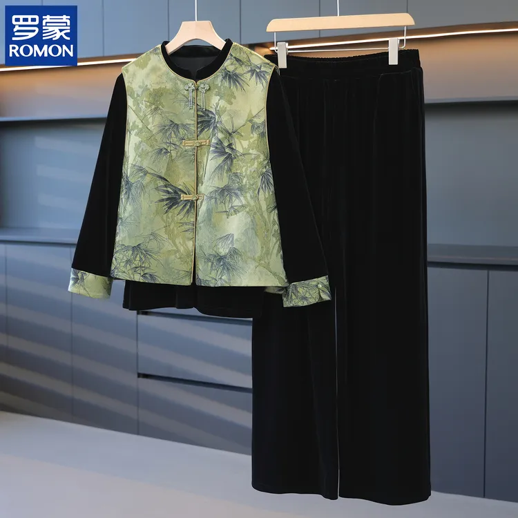 罗蒙妈妈秋装时尚金丝绒三件套中年女士花色马甲外套中老年人套装