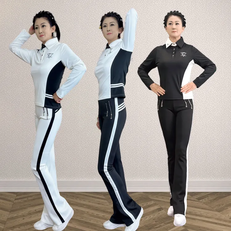 佳木斯健身操春秋休闲时尚翻领氨锦白玉黑钻石长袖套装显瘦套装