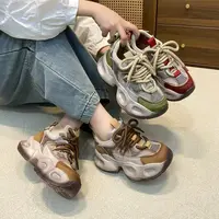 真皮厚底运动鞋女松糕老爹鞋透气休闲单鞋系带春秋款9530