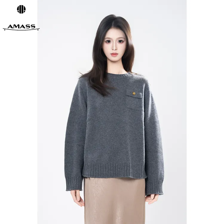 AMASS/阿玛施秋冬新款时尚简约百搭单排扣休闲圆领毛针织衫538081