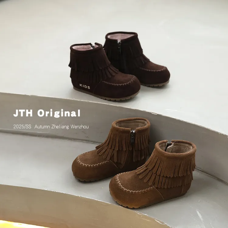 2025冬季新款女孩加绒流苏公主靴真皮儿童加棉保暖