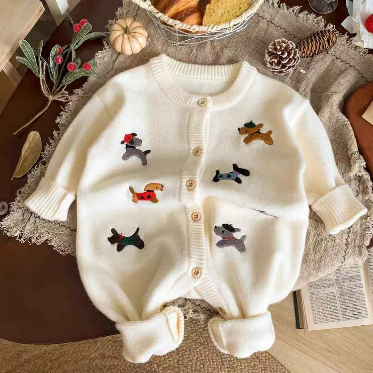 2025童装加绒爆款保暖连身衣婴幼儿爬爬服婴儿小狗针织哈衣毛衣