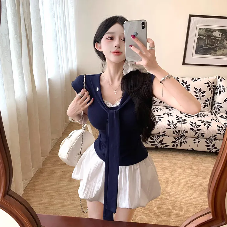 韩系海军领蕾丝拼接设计感上衣修身T恤蓬蓬花苞裙裤时尚两件套潮
