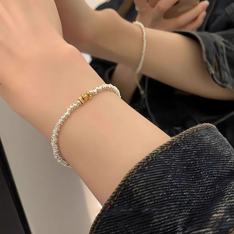 足银手链 S999足银纯银盘缠碎银子金色奶酪手链小众简约银送闺蜜