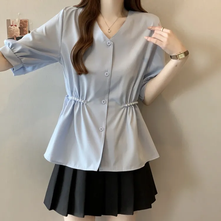 法式小香风短袖衬衫女2025夏季新款大码微胖妹妹珍珠收腰显瘦衬衣
