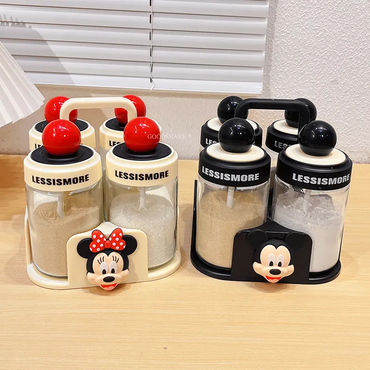 厨房调料罐套装勺盖一体调料盒可爱卡通米奇家用调料盐味精分装瓶