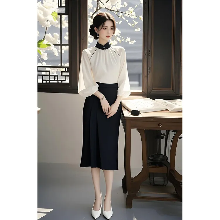 新中式国风盘扣立领白色衬衫女春季超好看漂亮独特上衣半身裙套装