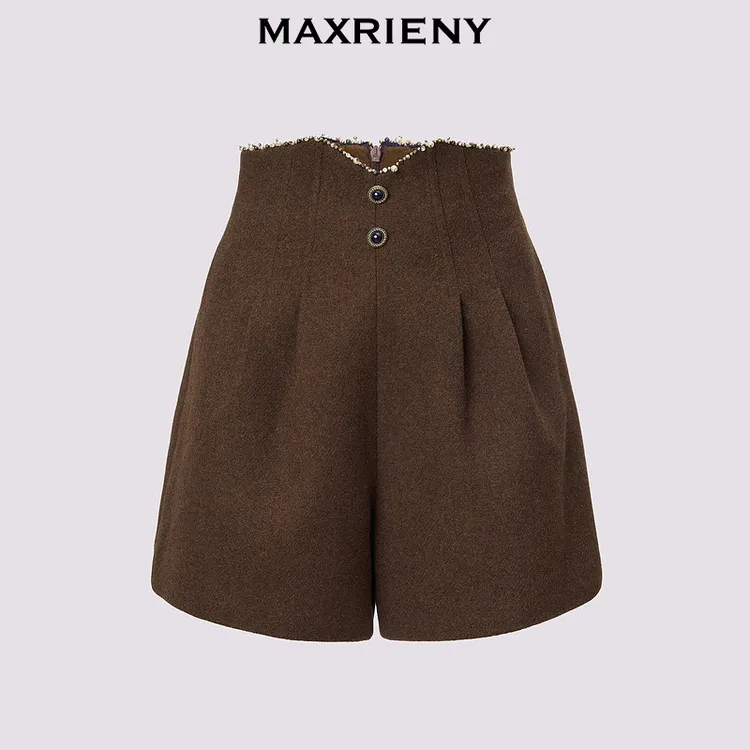 MAXRIENY精致优雅阔腿裤女24冬新款收腰显瘦复古高腰短裤修身显瘦