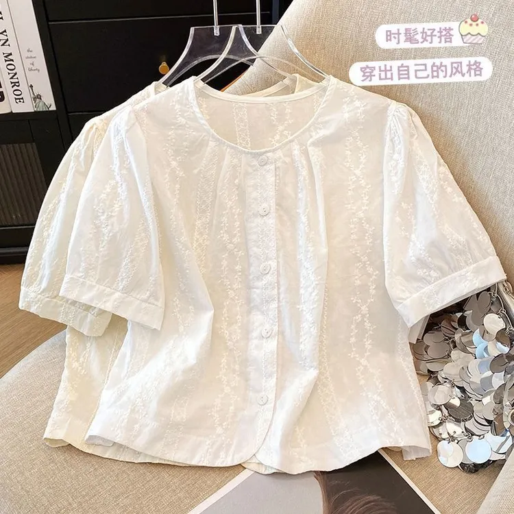【新款现货】棉圆领宽松显瘦立领短袖衬衫白色衬衣设计感泡泡袖上衣