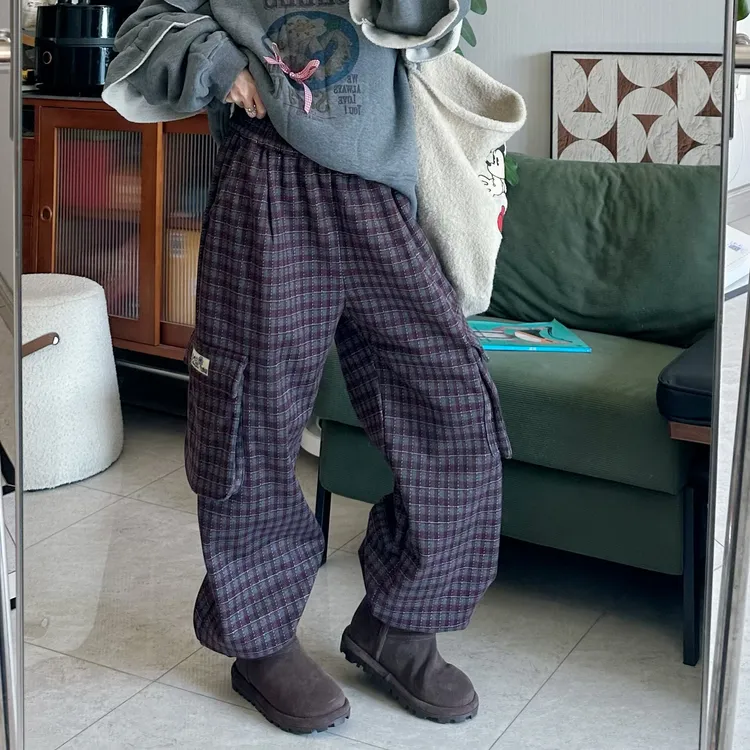 qiqi/琦琦推荐韩版宽松阔腿裤复古格子松紧腰工装裤加绒休闲裤