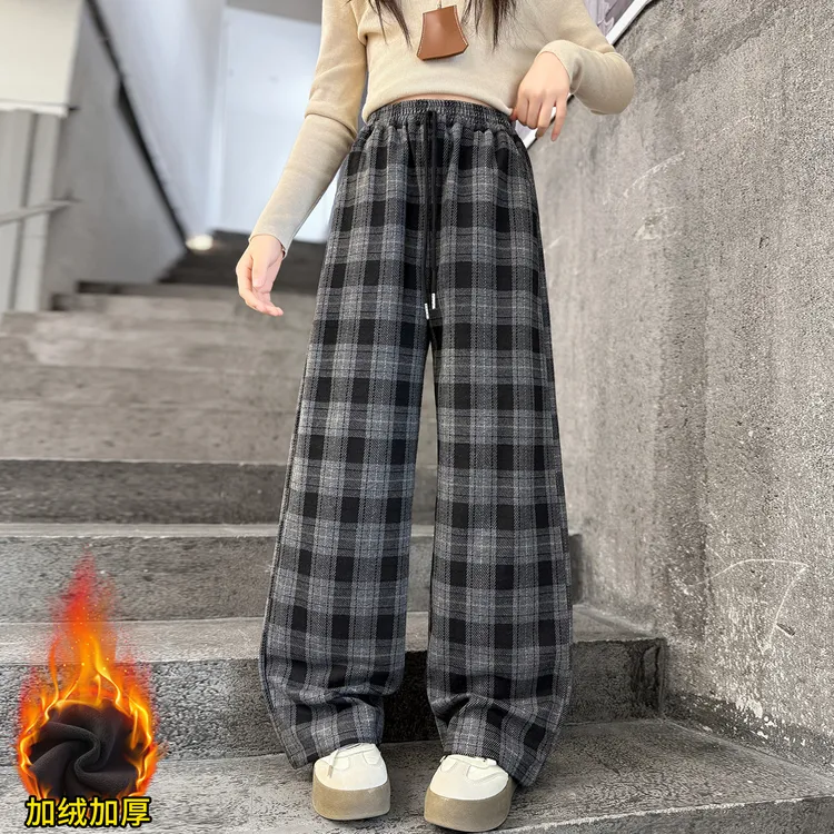 女童加绒裤子冬季2025新款中大童洋气时髦宽松儿童外穿加厚休闲裤