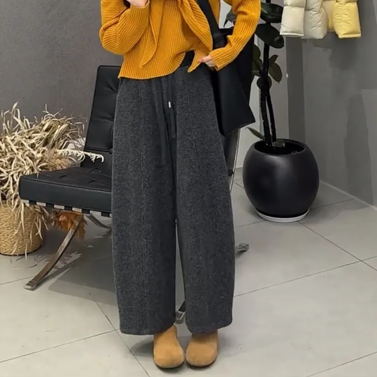 小个子加厚流行直筒裤子女冬季新款慵懒风灰色毛呢阔腿休闲弯刀裤