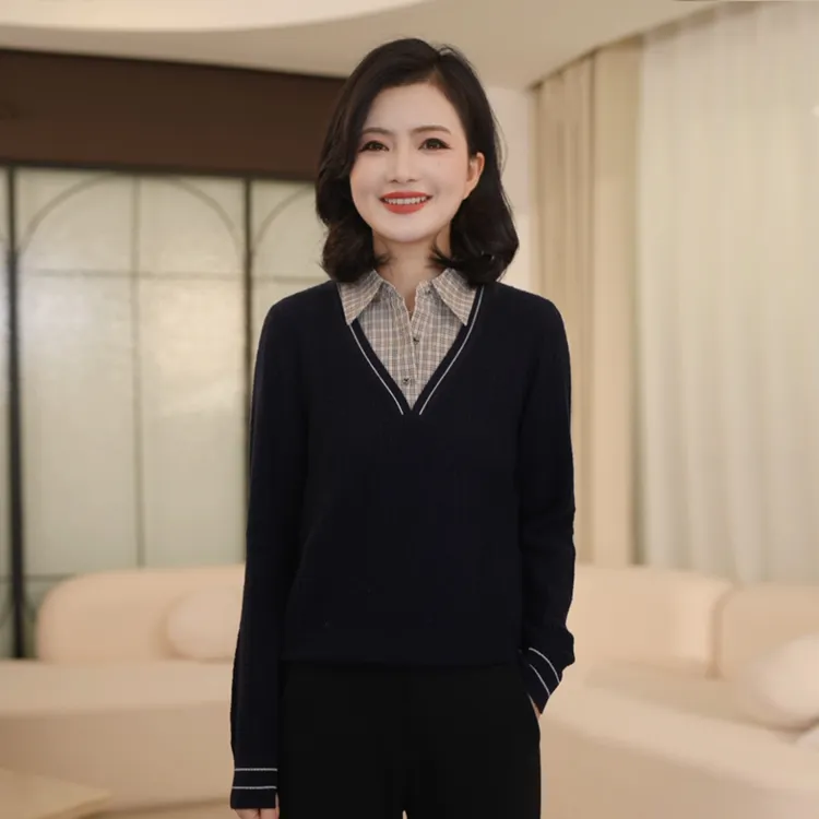 【假两件Polo领】枫竺阿楠anan气质学院风拼接针织衫女冬季打底毛衣