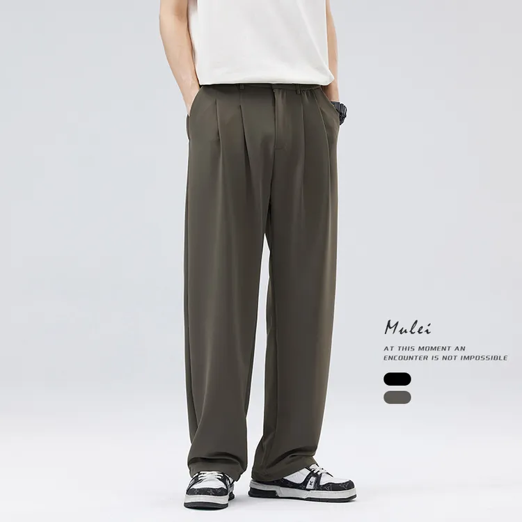 夏季新款冰丝凉感直筒西裤男阔腿日系复古宽松弹力垂感抗皱休闲裤