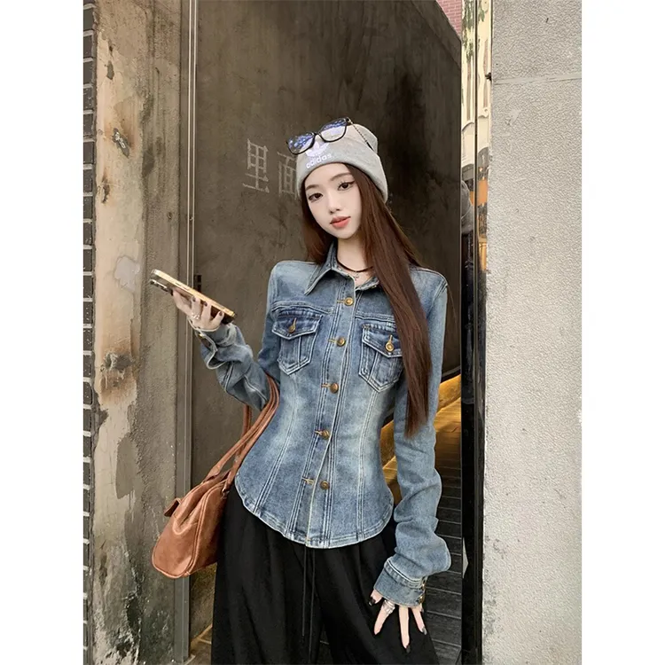 美式辣妹修身收腰牛仔衬衫外套女春秋季爆款设计感显瘦夹克上衣