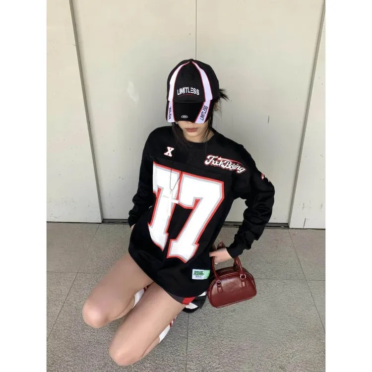 美式高街hiphop球衣风长袖t恤男秋季高级感冰球服卫衣情侣打底衫