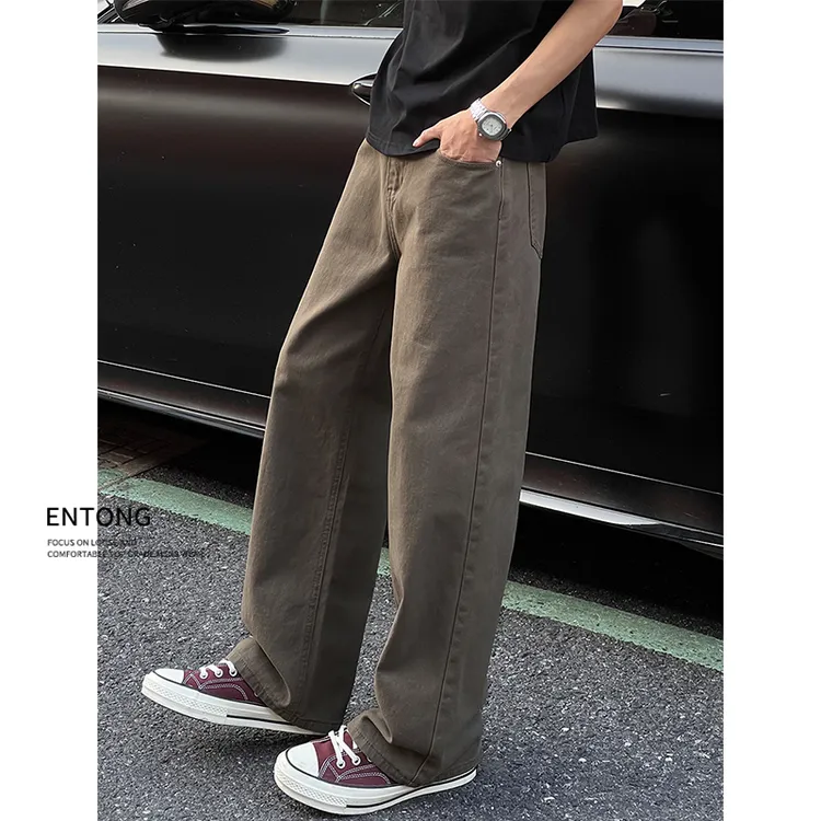 Entong美式潮牌复古宽松微喇水洗牛仔裤男生阔腿百搭大码直筒裤子