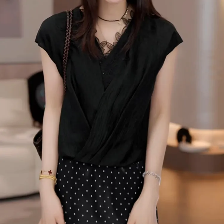 蕾丝拼接衬衫新款藏肉巨遮肚子显瘦上衣女短袖减龄洋气胖mm大码夏