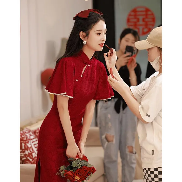 敬酒服旗袍夏季少女结婚年轻款小个子订婚酒红色连衣裙2025年新款