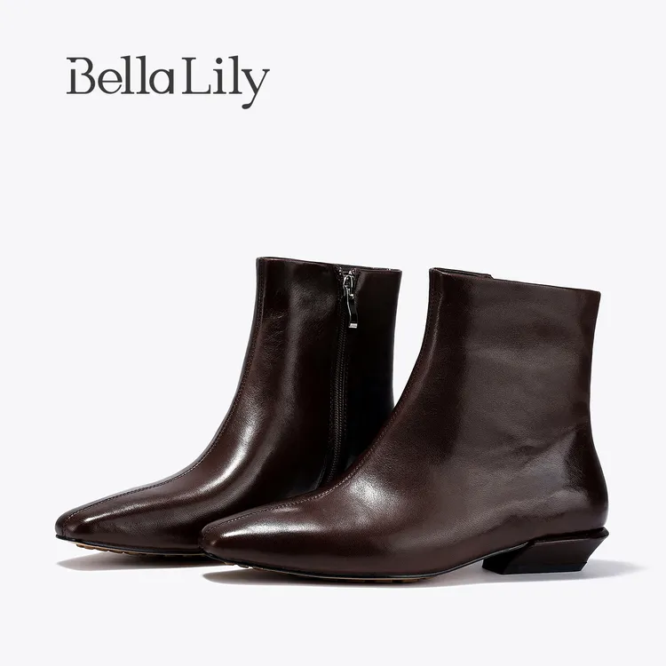 BellaLily2025秋季新款气质通勤百搭瘦瘦靴复古风羊皮尖头短靴女