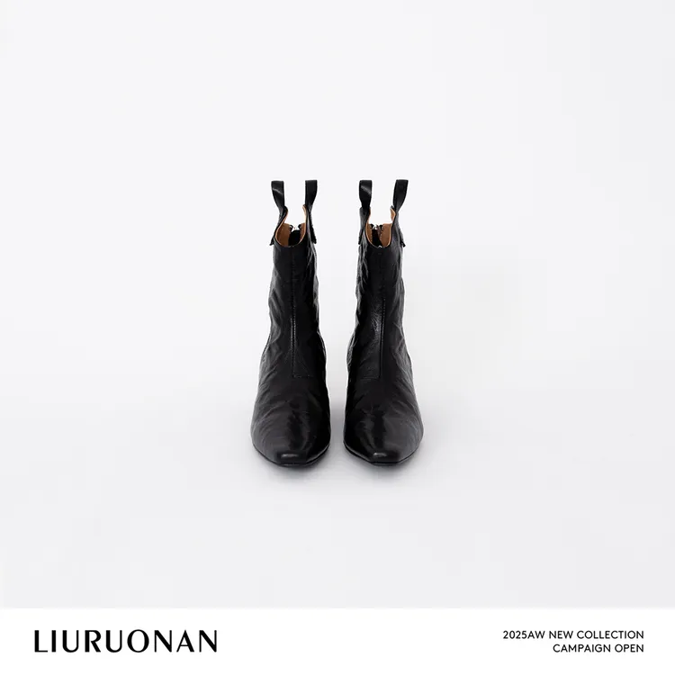 LIURUONAN 25WIN 羊皮真皮尖头报纸褶皱感踝靴马蹄跟皮鞋