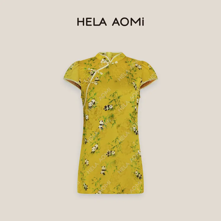 HELA AOMI“熊猫抱竹”国风复古熊猫印花斜襟盘扣衬衫CY5BM11591