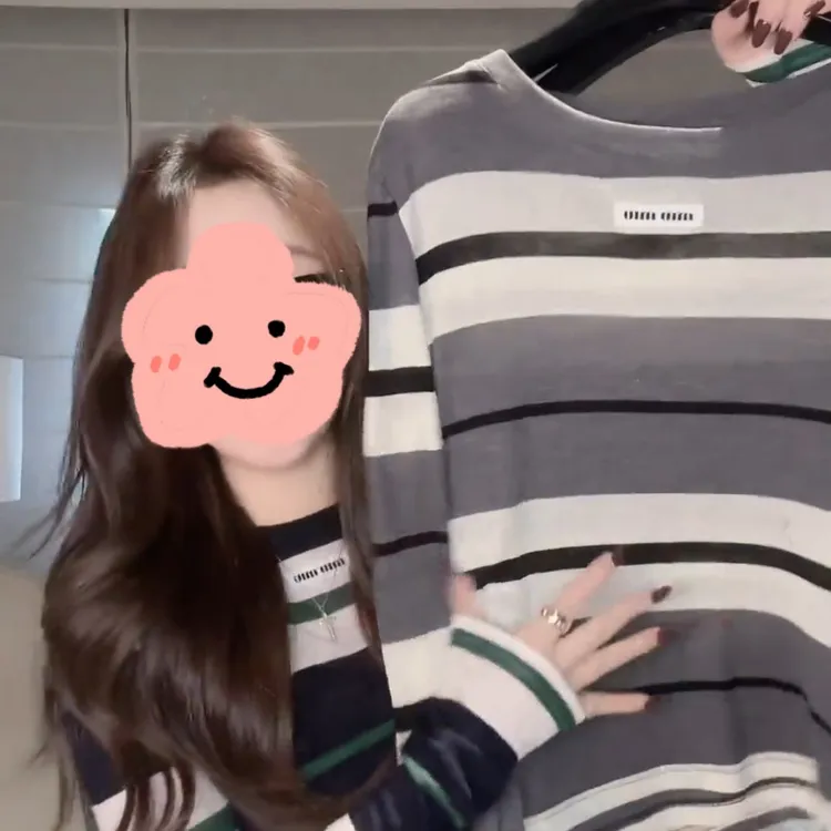 时尚百搭撞色条纹长袖毛针织衫秋装宽松显瘦套头上衣女LK2505878
