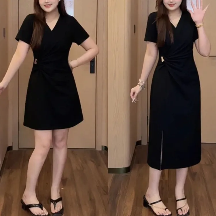 时尚高级感连衣裙女2025夏季新款法式设计感显瘦中长款开衩小黑裙