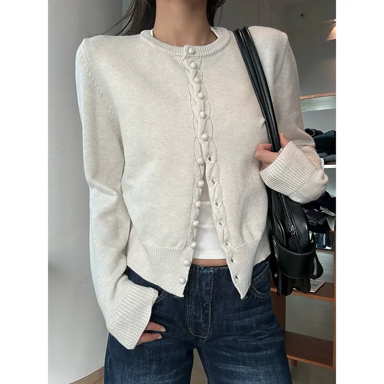 【部分现】韩系设计感布包扣上衣洋气别致单排扣毛衣外套M1410