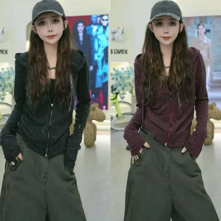 星宝定制美式复古拉链连帽混纺纱针织开衫单穿打底外套1361