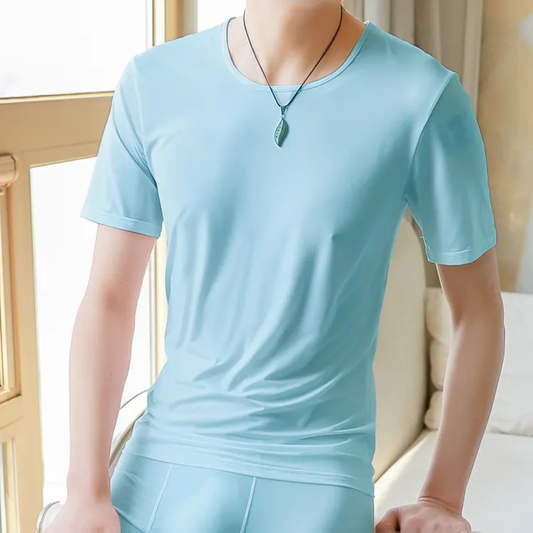 男士家居服冰丝打底衫透明丝滑透气凉爽轻薄高弹运动紧身短袖恤