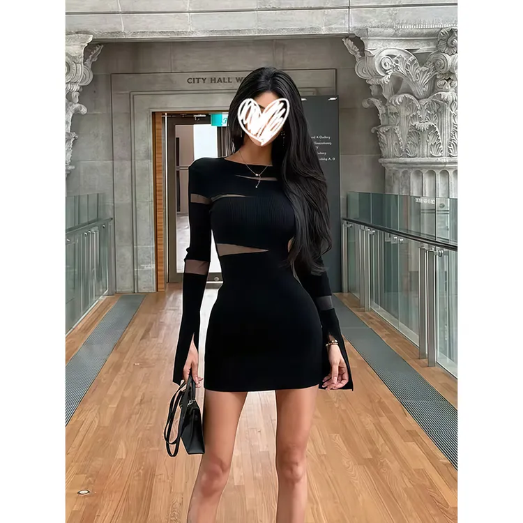 纯欲辣妹网纱拼接长袖针织连衣裙女装秋季新款紧身镂空包臀短裙子