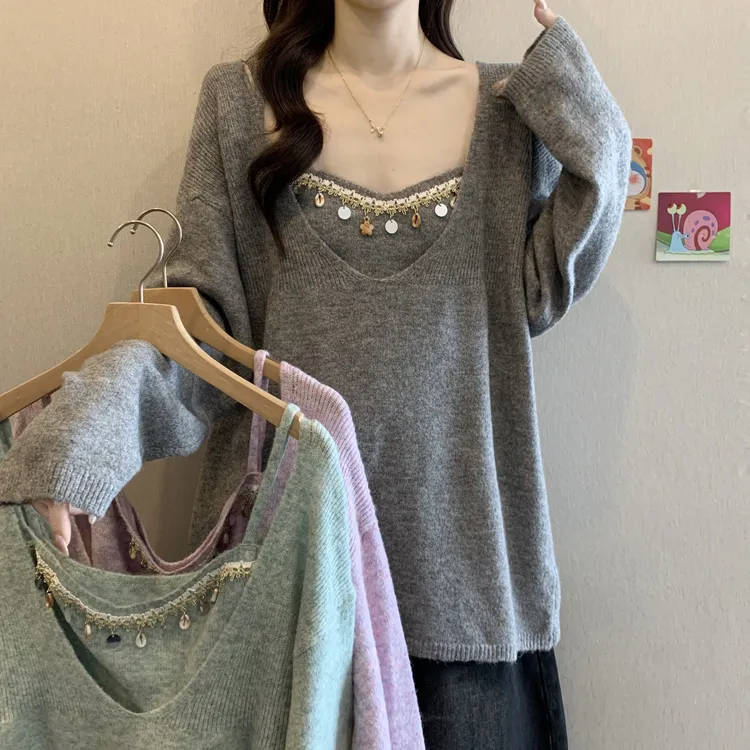 早秋穿搭一整套女大码胖mm高级感露背亮片针织毛衣吊带背心两件套