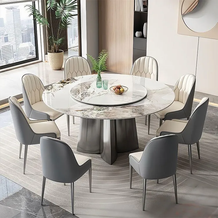 意式轻奢饭桌商用酒店圆桌岩板餐桌椅组合小户型圆形家用转盘饭桌
