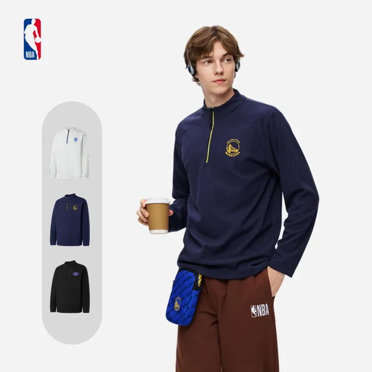 NBA官方勇士/独行侠德绒潮流休闲立领长袖T恤