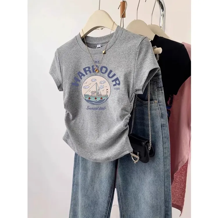 美式复古高级感正肩短袖t恤女2025夏季新款设计感小众显瘦上衣潮