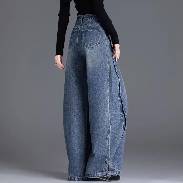 潮流拼接阔腿牛仔裤女2025新款秋冬厚款裤子设计感直筒弯刀裤高腰