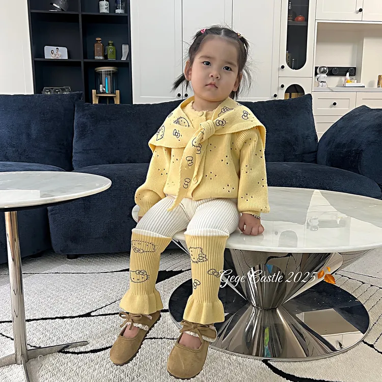 韩版童装2025新款秋季女童卡通披肩毛衣开衫堆堆袜打底裤两件套潮