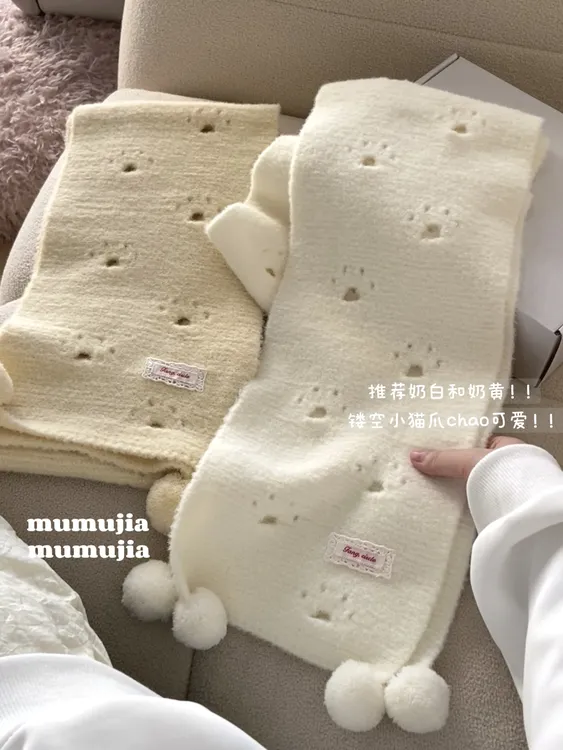 新款奶呼呼猫爪围巾女保暖亲肤百搭可爱针织围脖情侣礼物送朋友