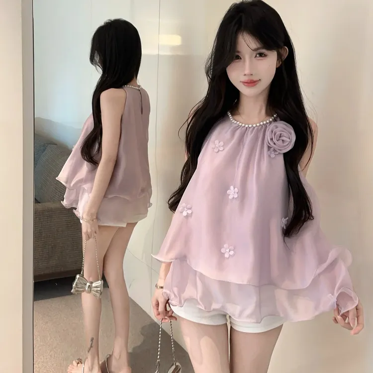 高级感法式气质甜美风立体花朵宽松型中长款无袖夏季女士薄款衬衫