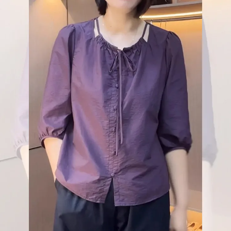 宽松显瘦减龄上衣夏季薄款胖MM大码女装法式圆领系带七分袖衬衫女