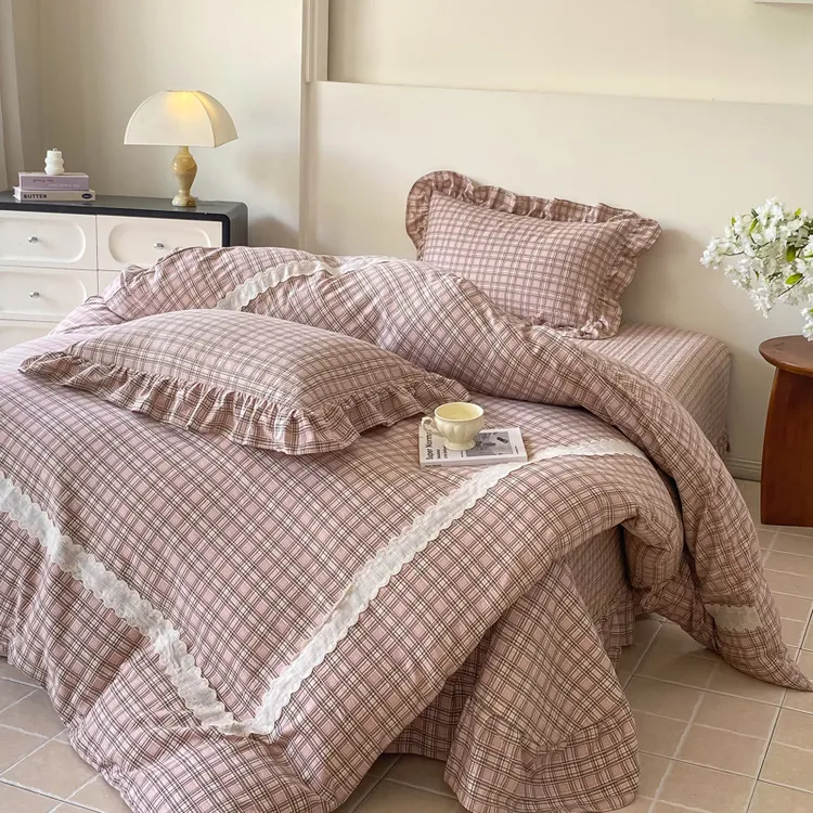 轻奢简约格子款棉麻四季款加厚床盖四件套韩版针织水洗棉双层纱