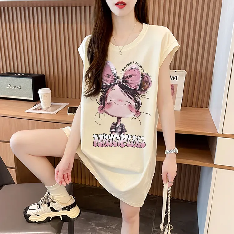 卡通纯棉无袖背心连衣裙女夏季韩版宽松大码显瘦洋气减龄T恤裙子