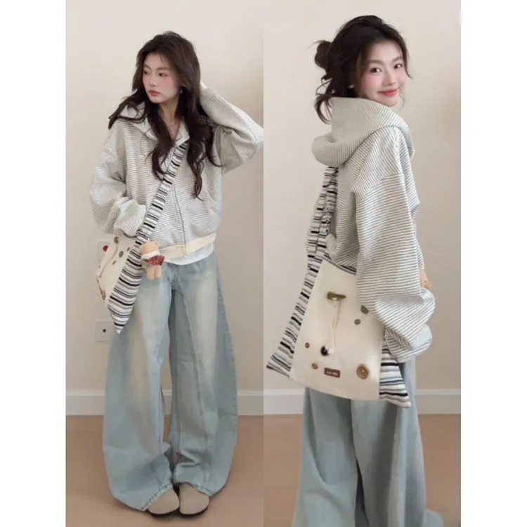 爆款美式设计感韩系连帽卫衣女春秋宽松条纹薄款韩版开衫外套潮